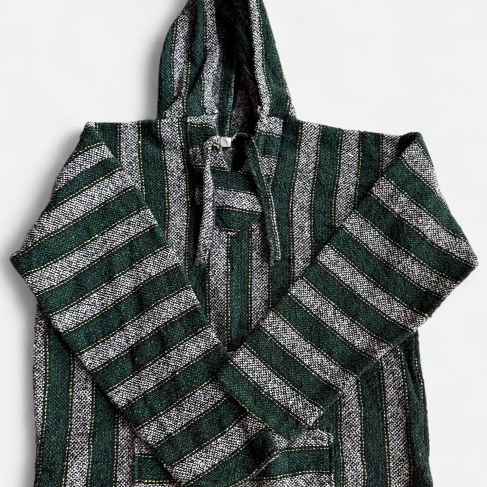 Baja sweater poncho acrylic green grey striped size XL